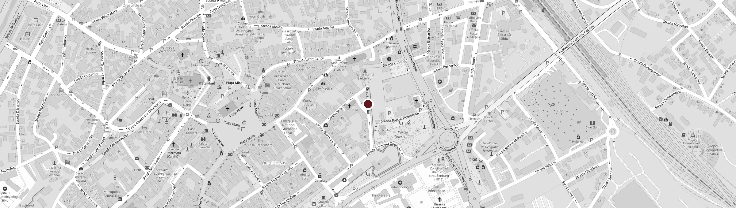 Harta centrului vechi din Sibiu: casa pe strada Manejului, lângă ruinele Turnului Bărbierilor și Piața Mare
